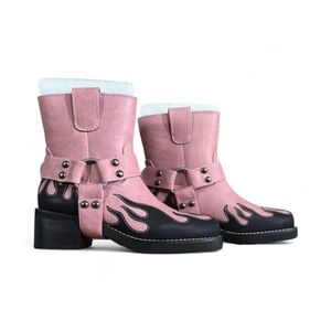 Dolls Kill Pink and Black Flame Ankle Boots